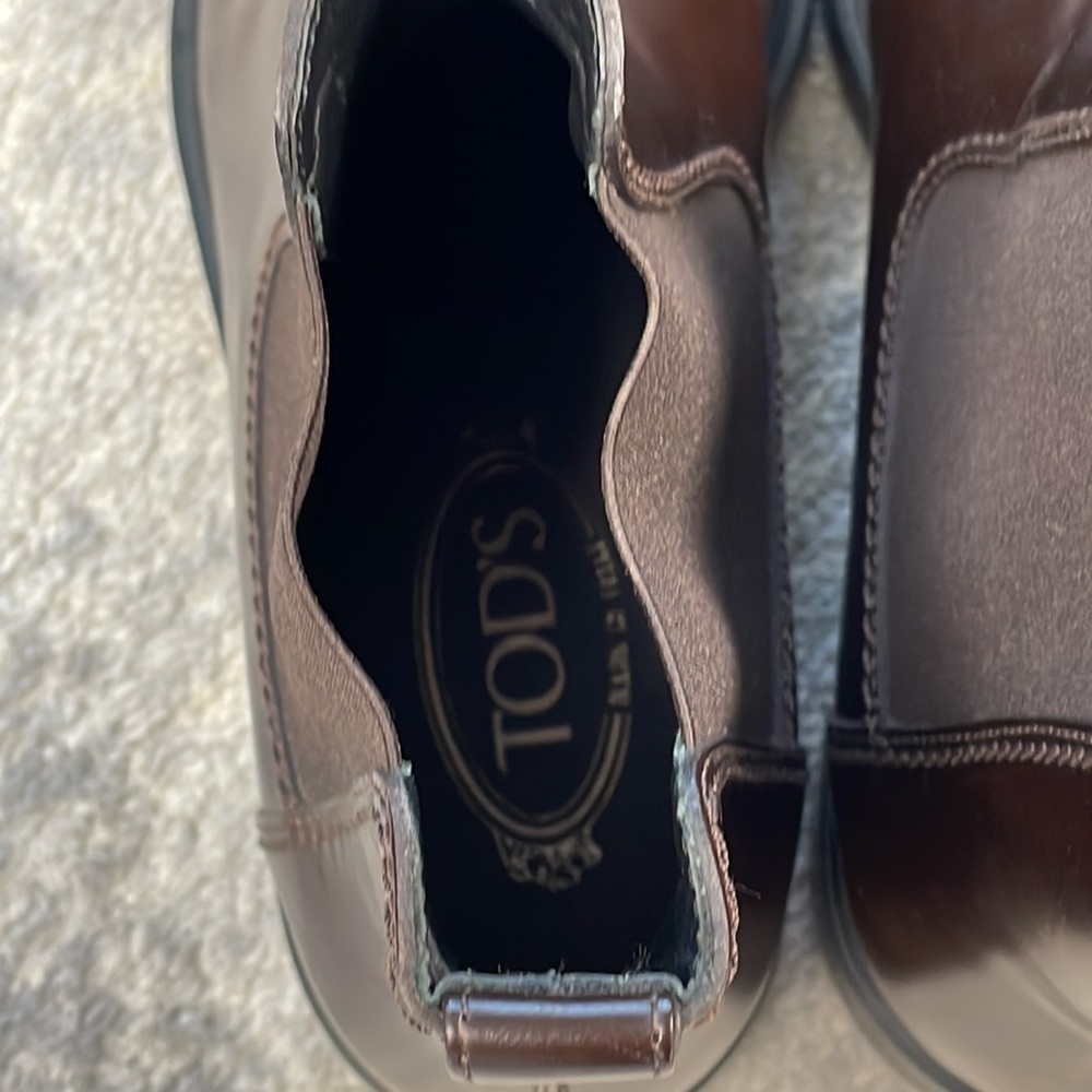 Tods Chelsea Boots Dark Brown Glossy Smooth Leather Shoes US 7.5 - Picture 8 of 13